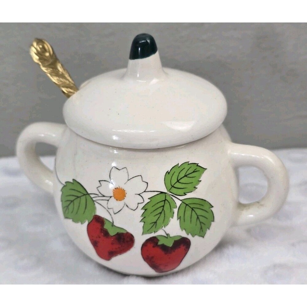 Vintage Strawberry Jam Jelly Jar Butter Crock With Gold Spoon Cottagecore Bowl